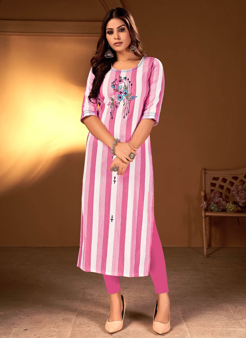 Party Wear Kurti Cotton Pink Embroidered Kurtis