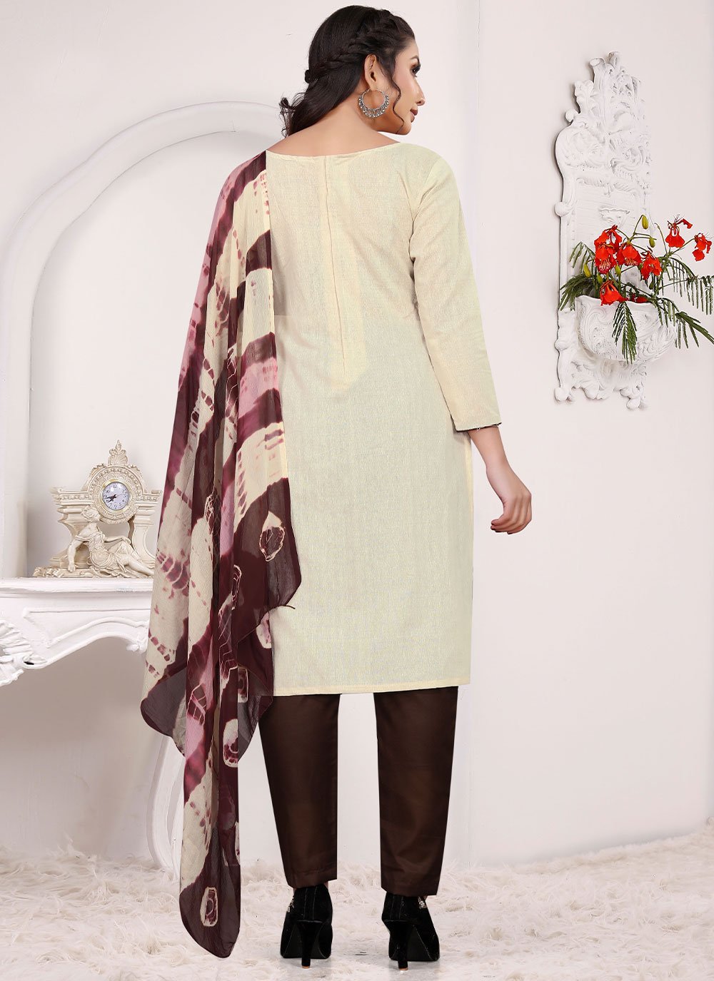 Straight Salwar Suit Cotton Khadi Cream Embroidered Salwar Kameez