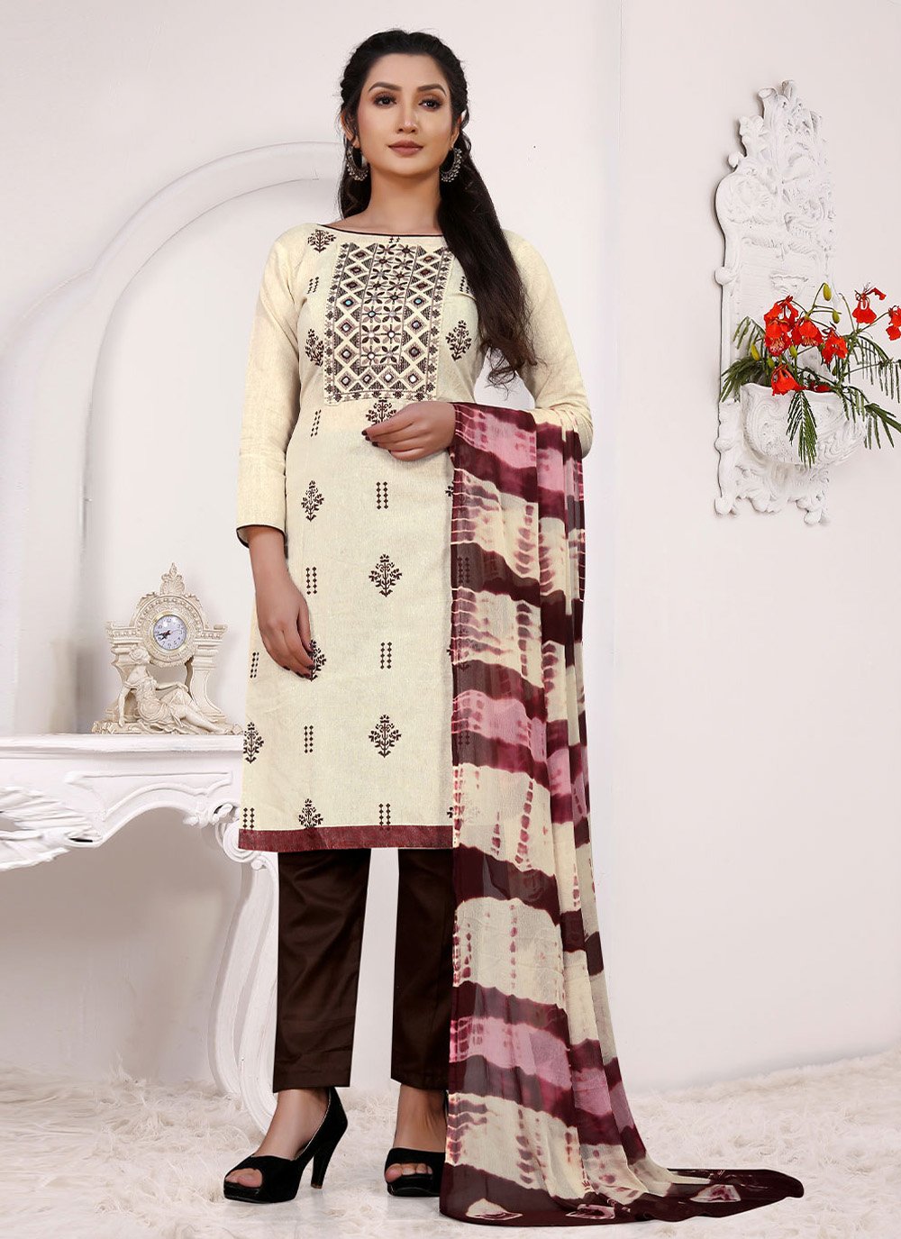 Straight Salwar Suit Cotton Khadi Cream Embroidered Salwar Kameez