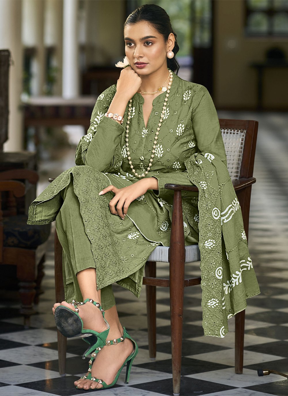 Salwar Suit Cotton Green Embroidered Salwar Kameez