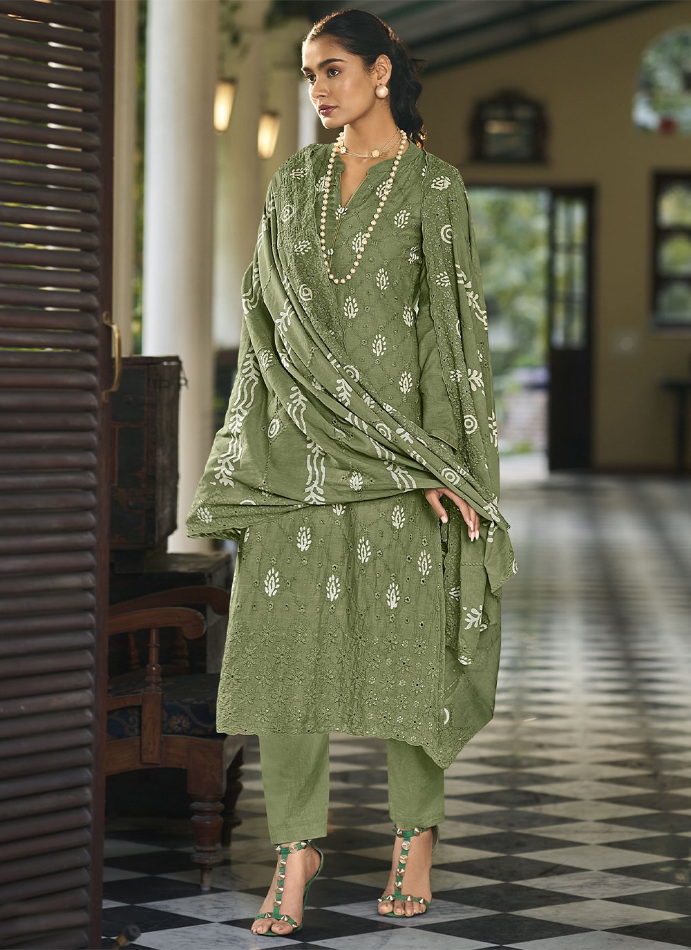 Salwar Suit Cotton Green Embroidered Salwar Kameez