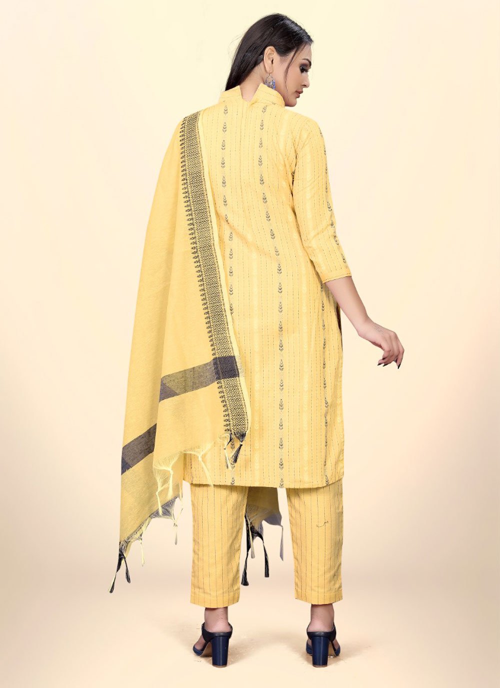 Straight Salwar Suit Cotton Jacquard Yellow Embroidered Salwar Kameez