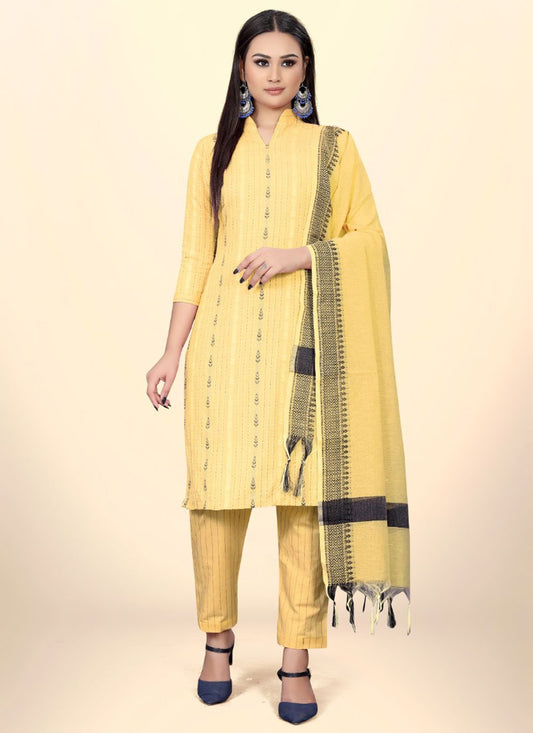 Straight Salwar Suit Cotton Jacquard Yellow Embroidered Salwar Kameez