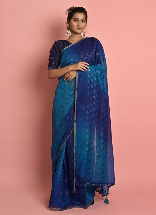 Trendy Saree Cotton Blue Fancy Work Saree