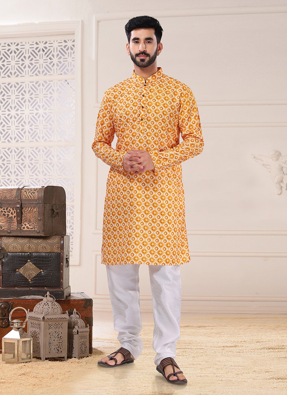 Kurta Pyjama Cotton Yellow Fancy Work Mens