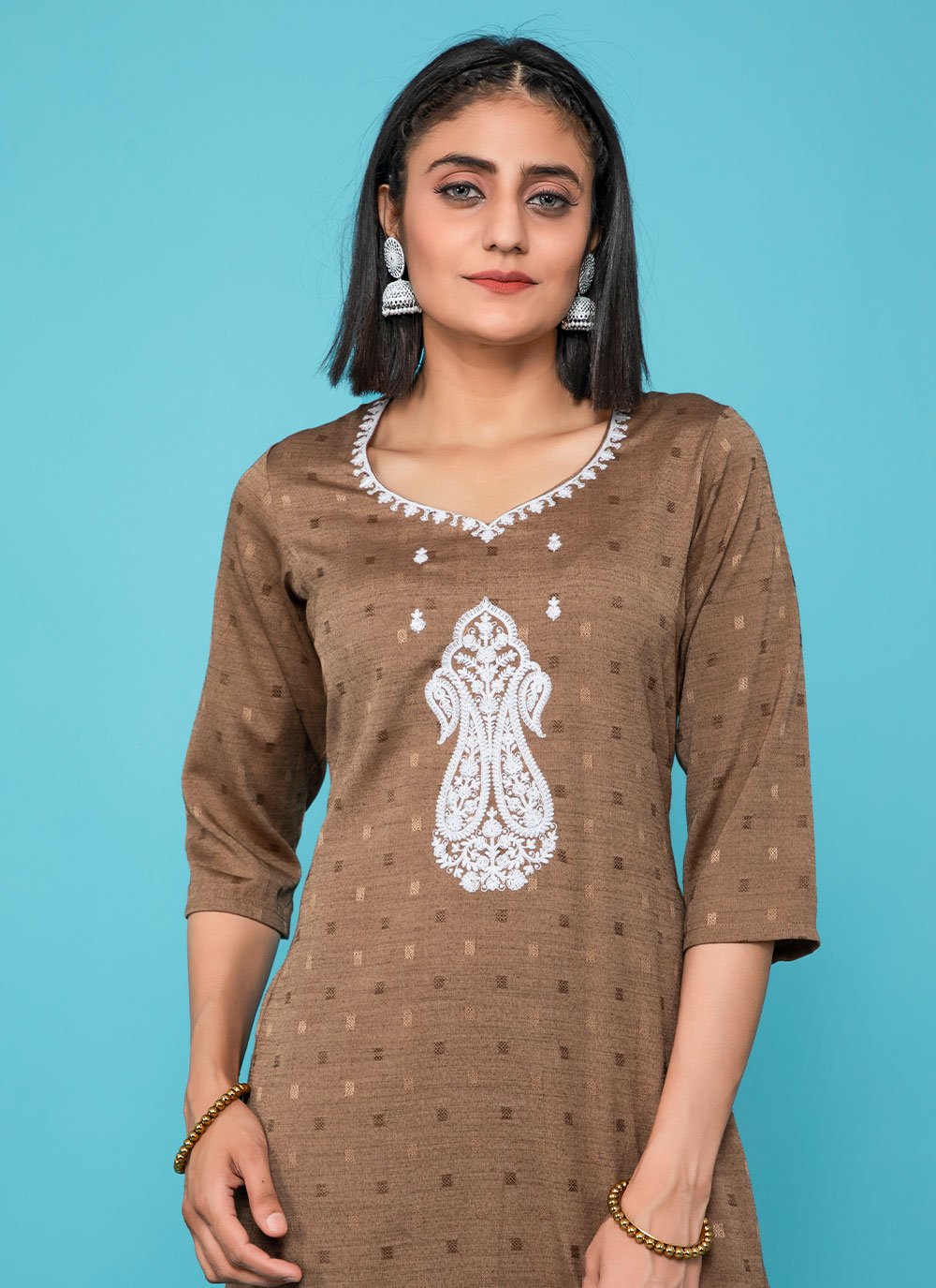 Designer Kurti Cotton Brown Print Kurtis