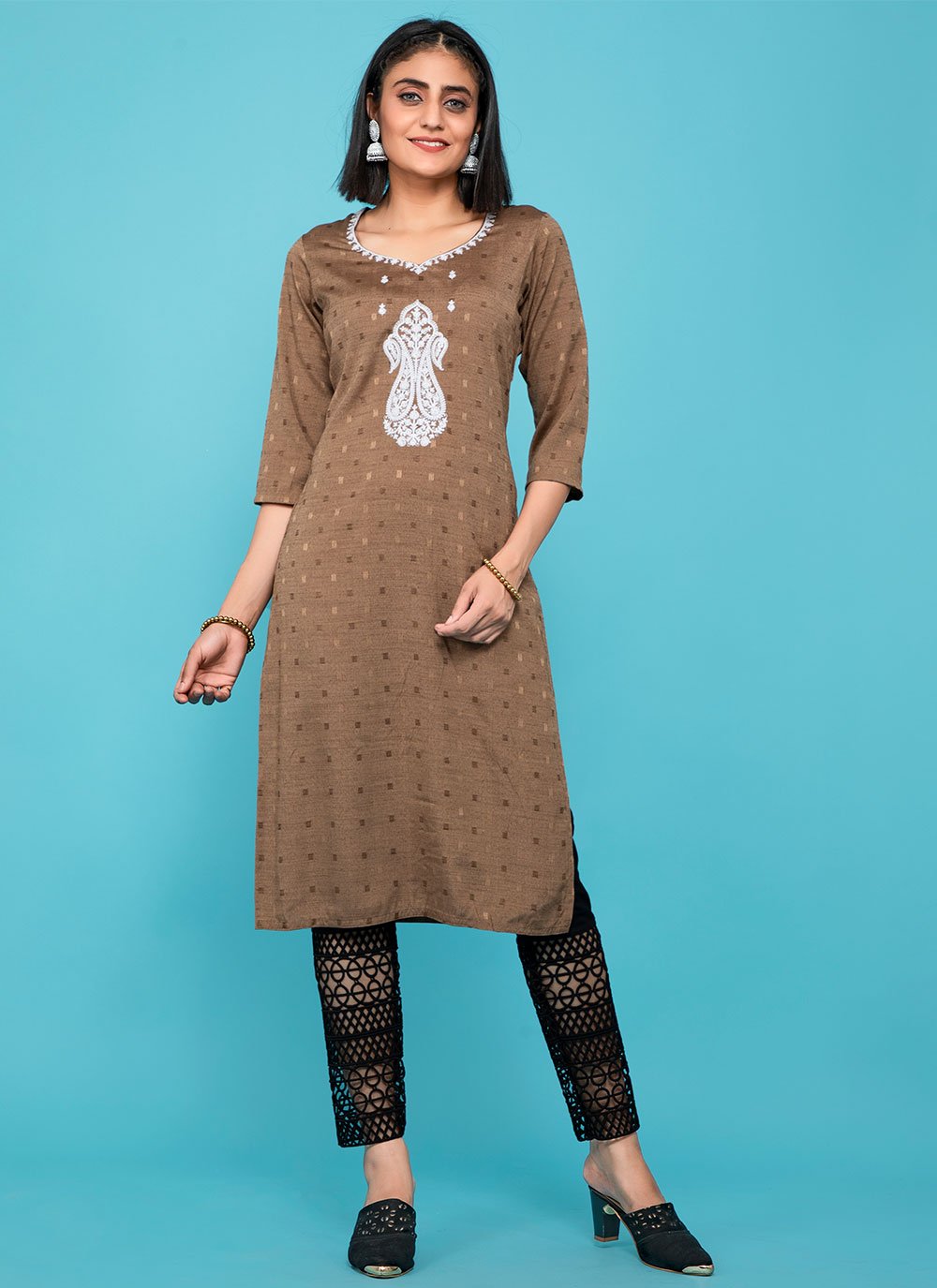 Designer Kurti Cotton Brown Print Kurtis