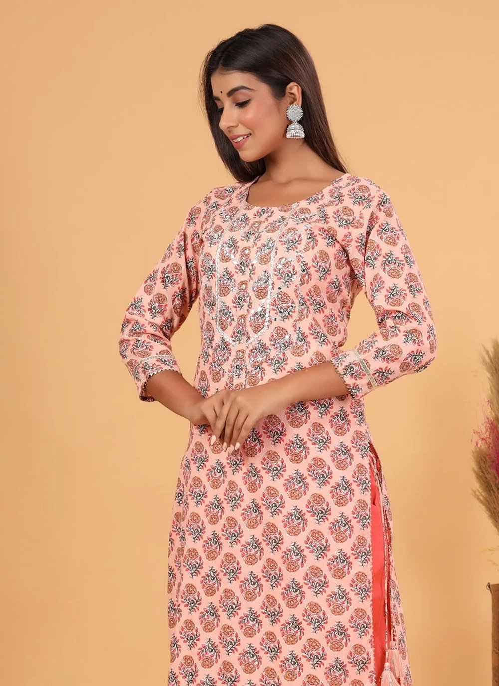 Party Wear Kurti Cotton Peach Print Kurtis