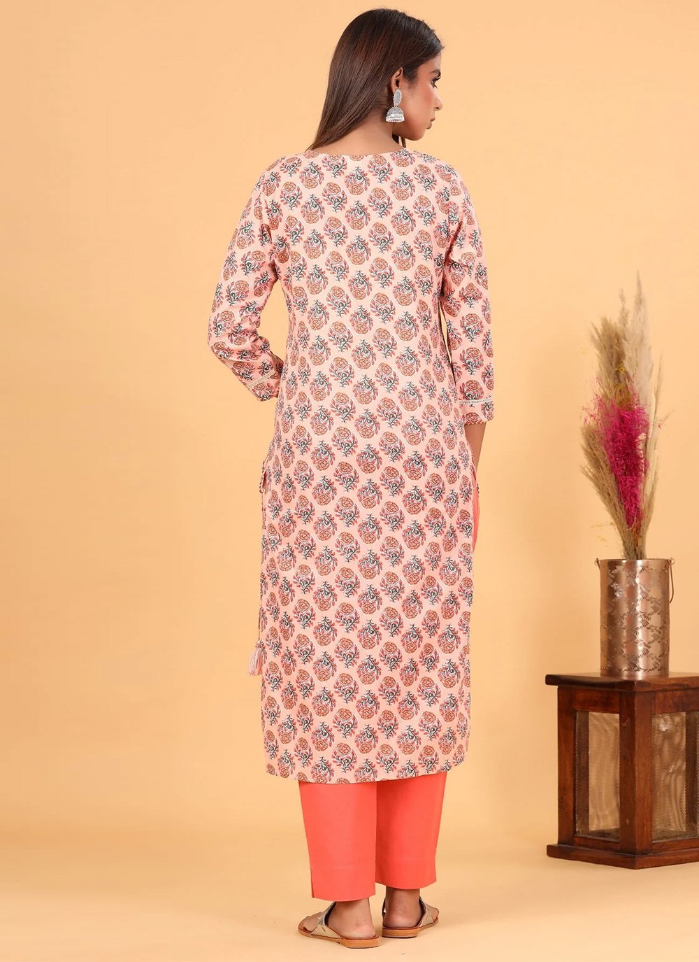 Party Wear Kurti Cotton Peach Print Kurtis