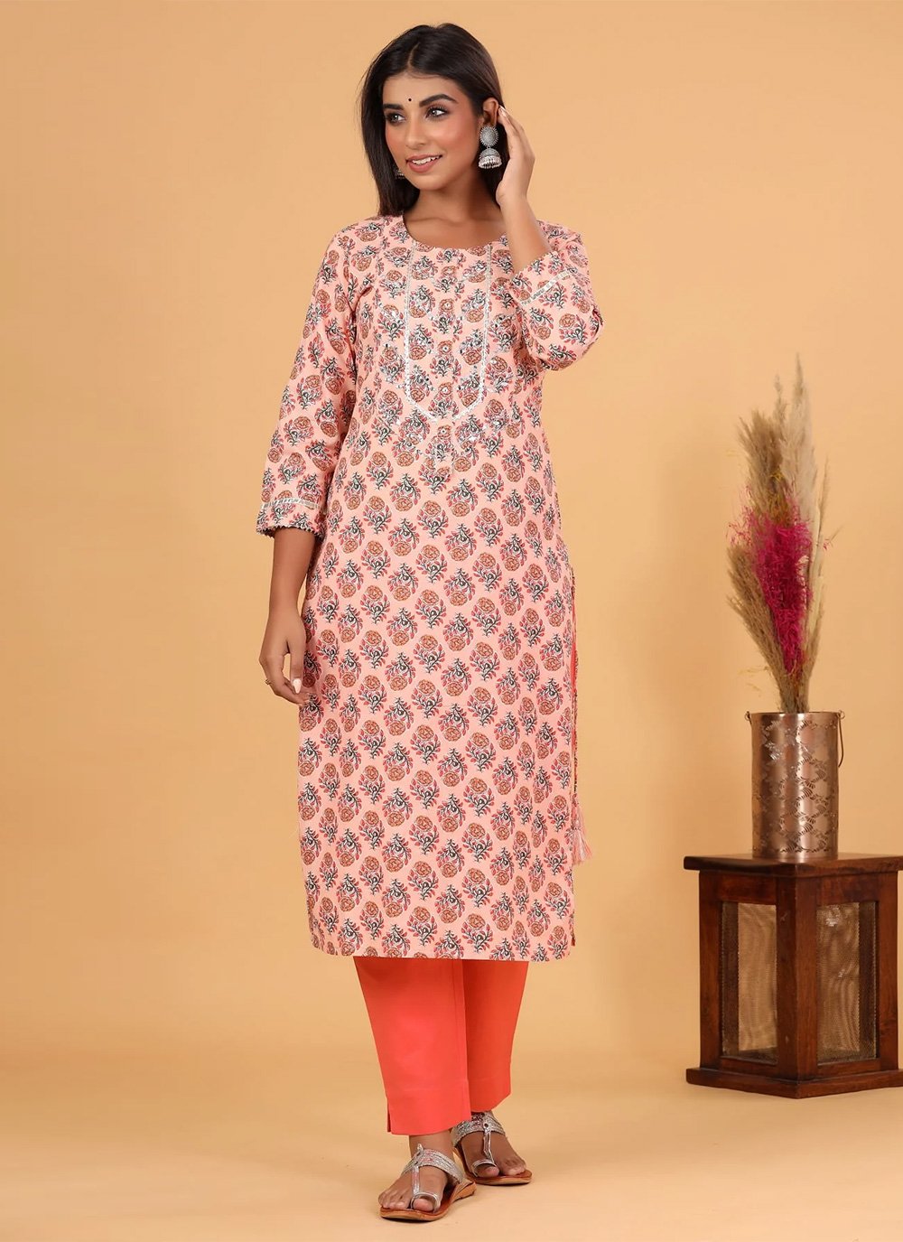 Party Wear Kurti Cotton Peach Print Kurtis