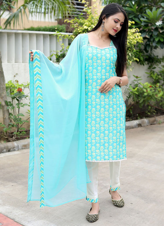 Salwar Suit Cotton Aqua Blue Digital Print Salwar Kameez