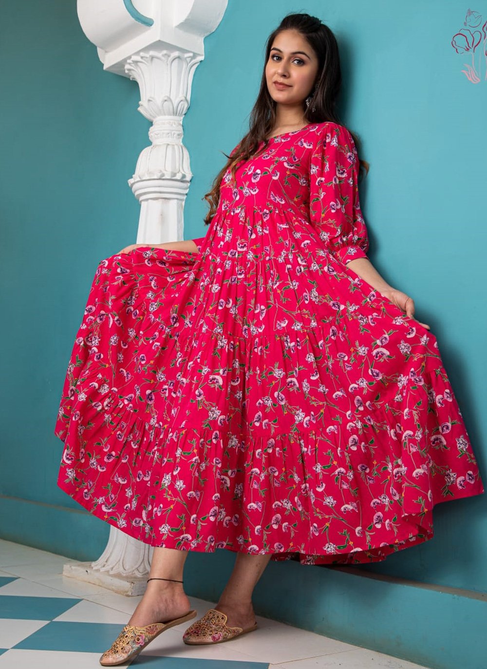 Gown Cotton Magenta Pink Floral Patch Gown