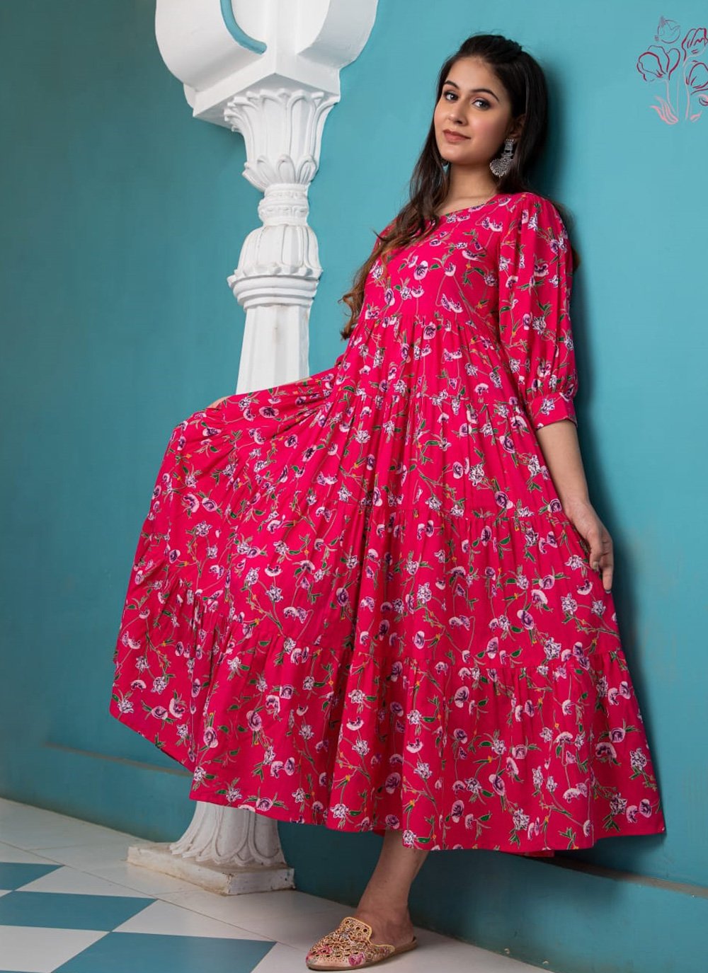 Gown Cotton Magenta Pink Floral Patch Gown