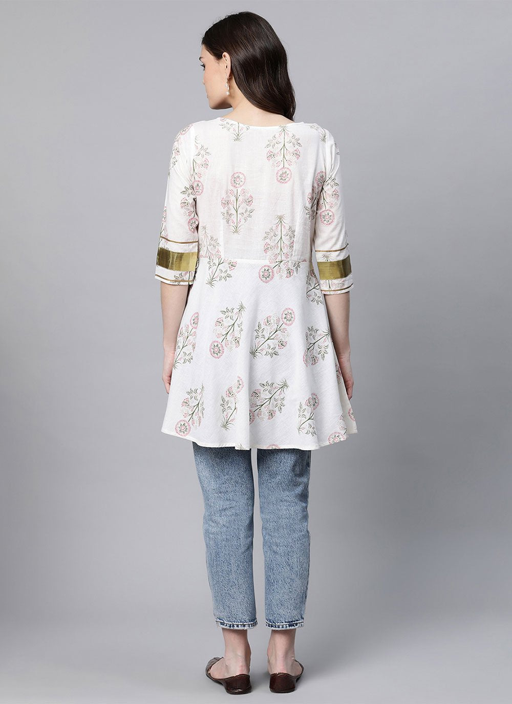 Party Wear Kurti Cotton Off White Floral Patch Kurtis