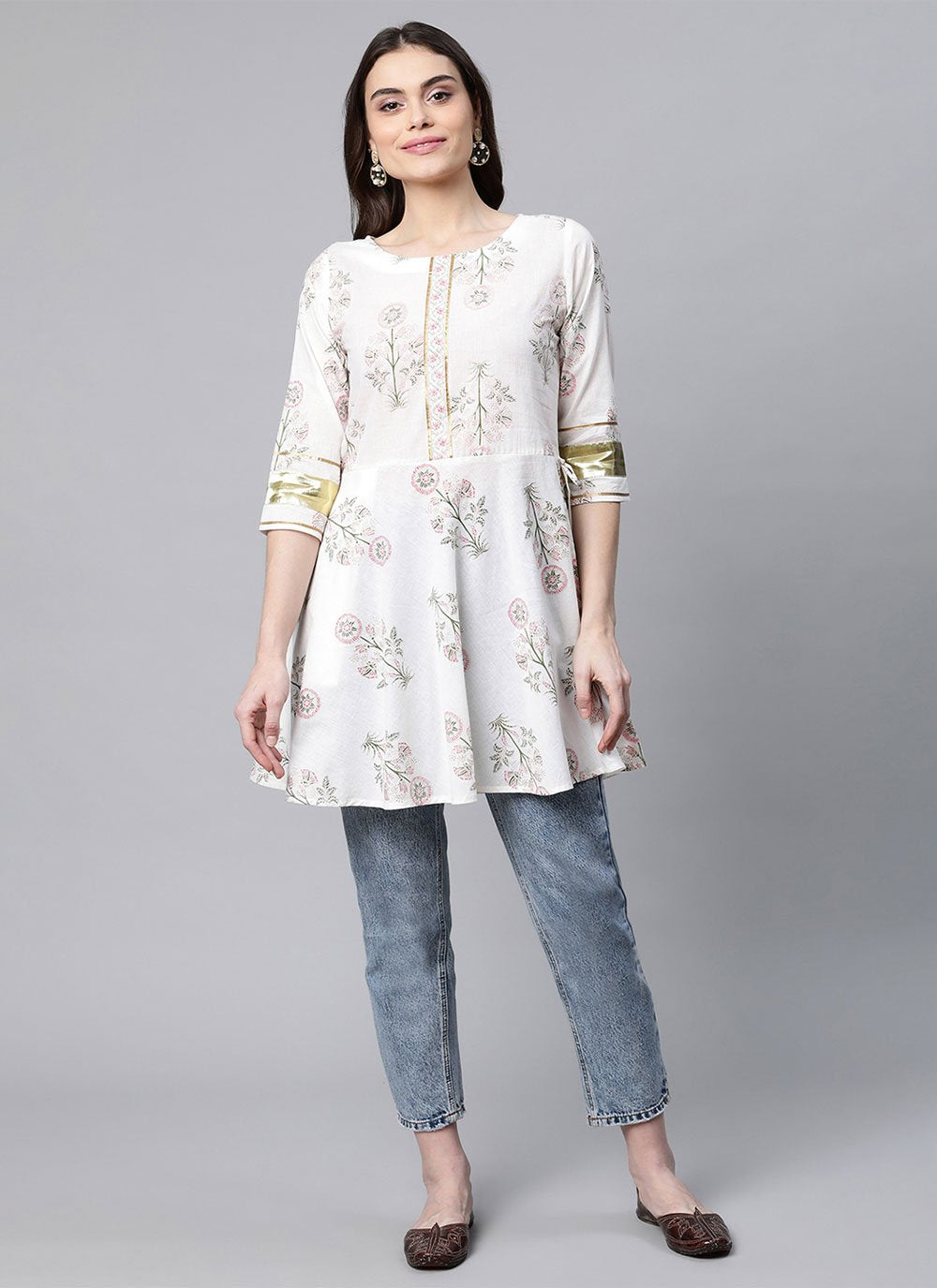 Party Wear Kurti Cotton Off White Floral Patch Kurtis