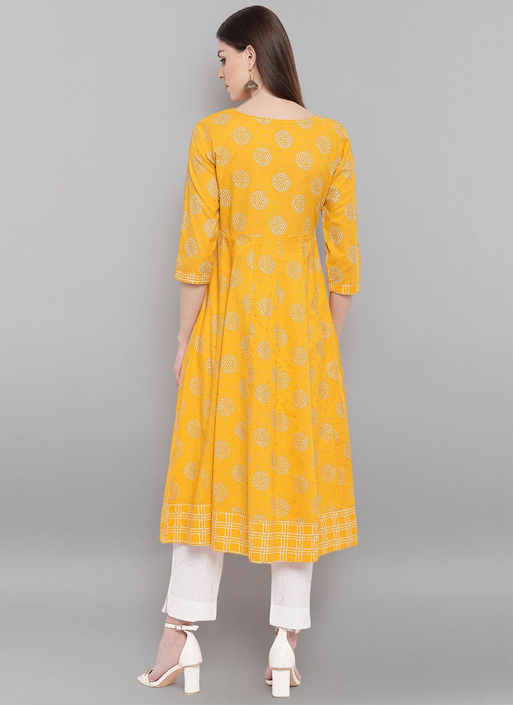 Party Wear Kurti Cotton Yellow Floral Patch Kurtis