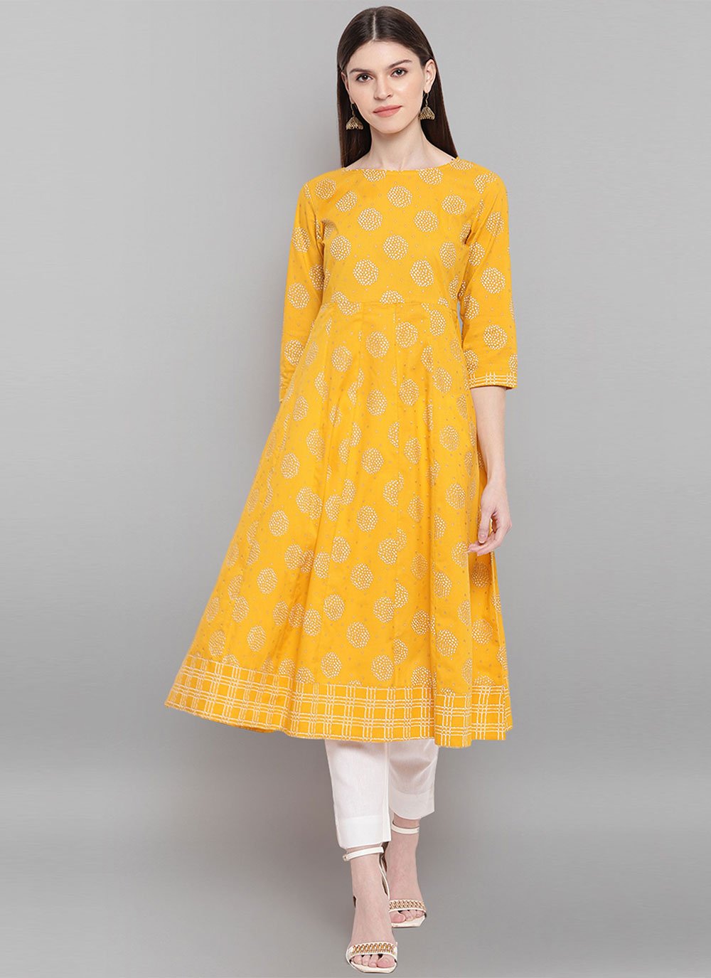 Party Wear Kurti Cotton Yellow Floral Patch Kurtis