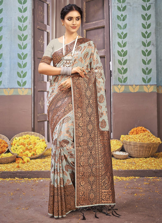 Classic Cotton Grey Foil Print Saree