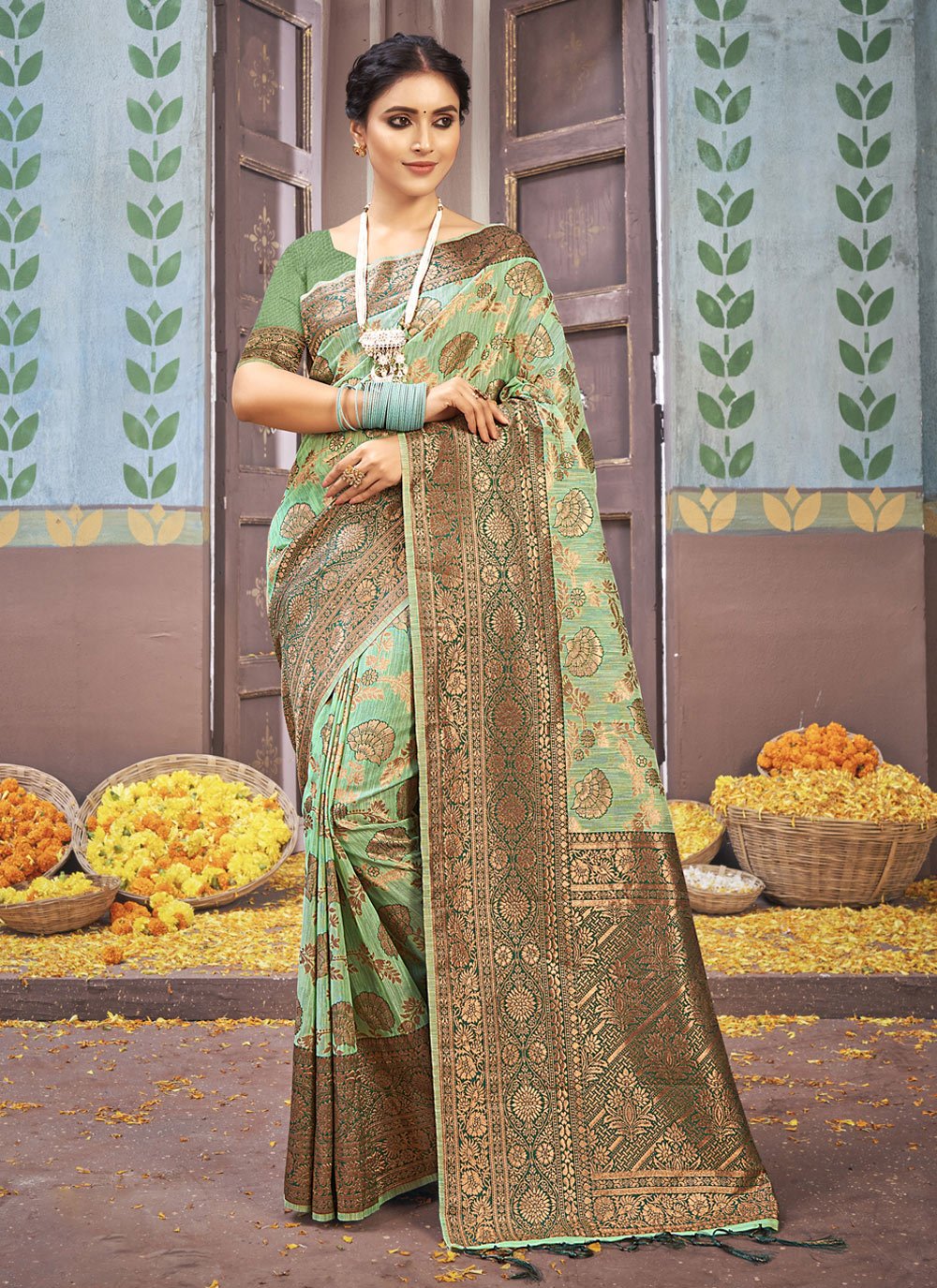 Classic Cotton Green Foil Print Saree