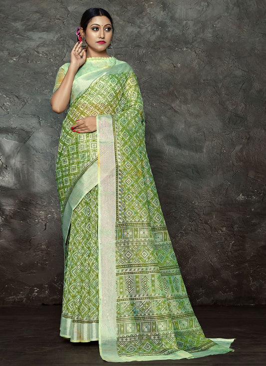 Designer Cotton Linen Green Foil Print Saree