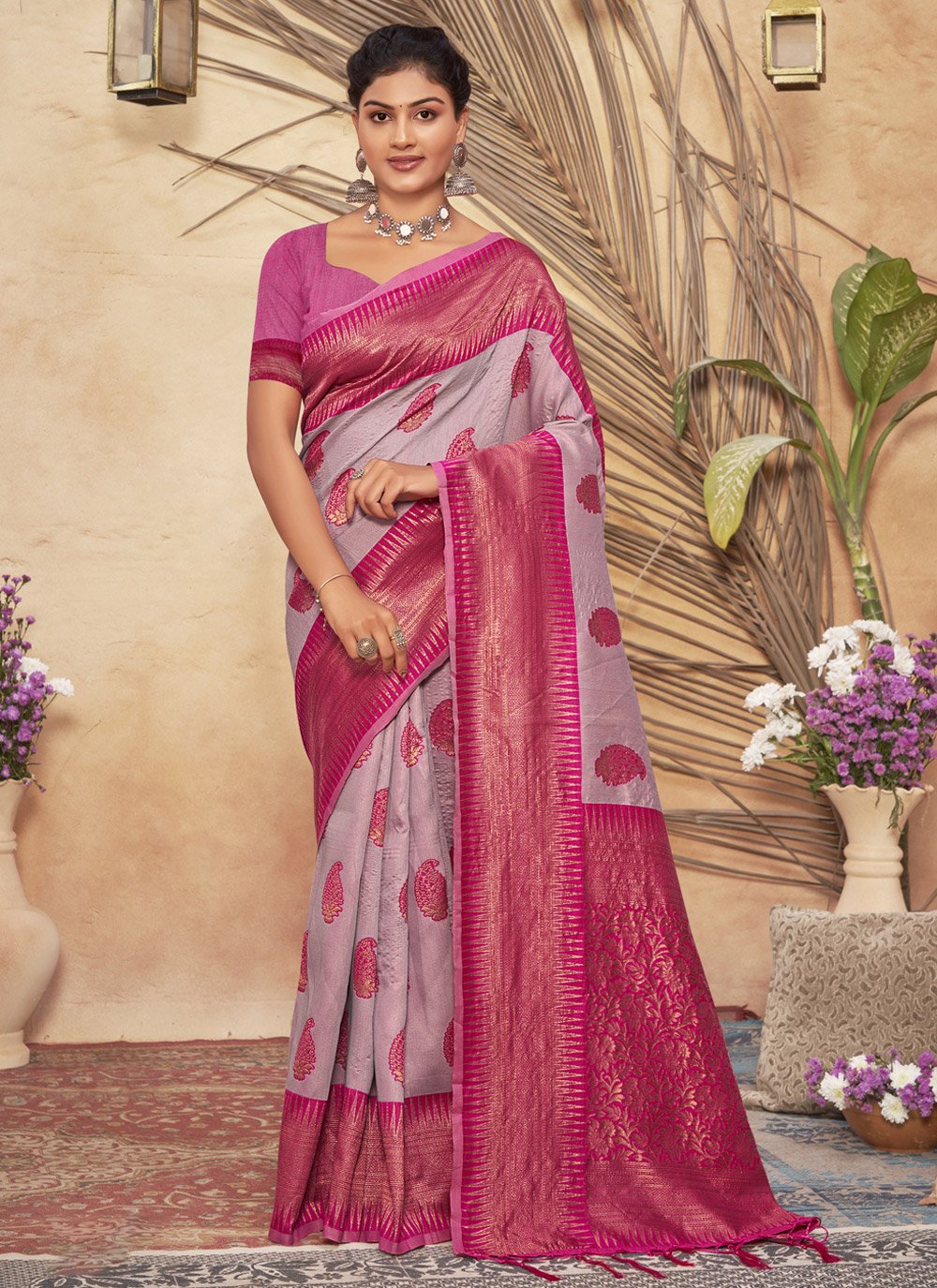 Designer Cotton Grey Magenta Foil Print Saree