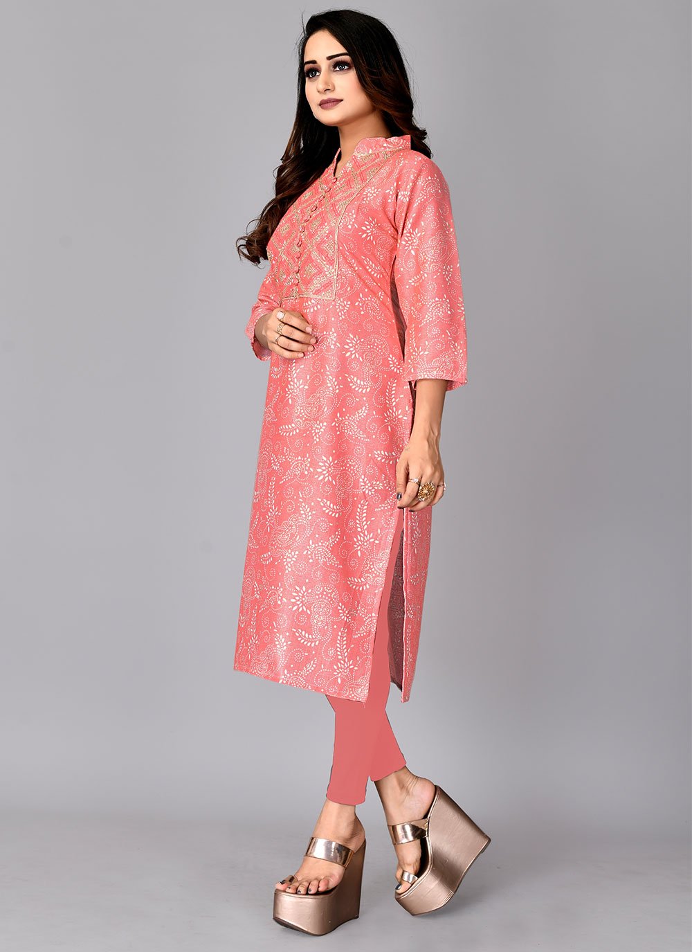 Party Wear Kurti Cotton Pink Foil Print Kurtis