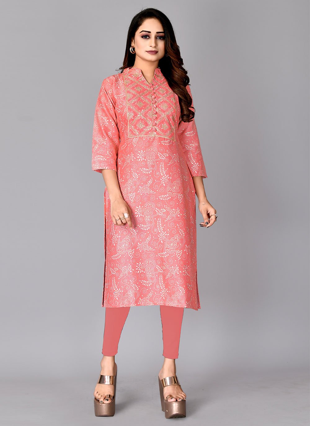 Party Wear Kurti Cotton Pink Foil Print Kurtis