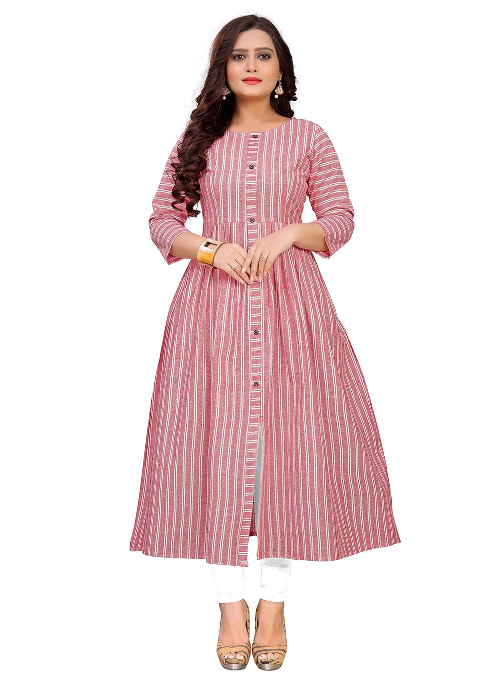 Gown Cotton Pink Strips Print Gown