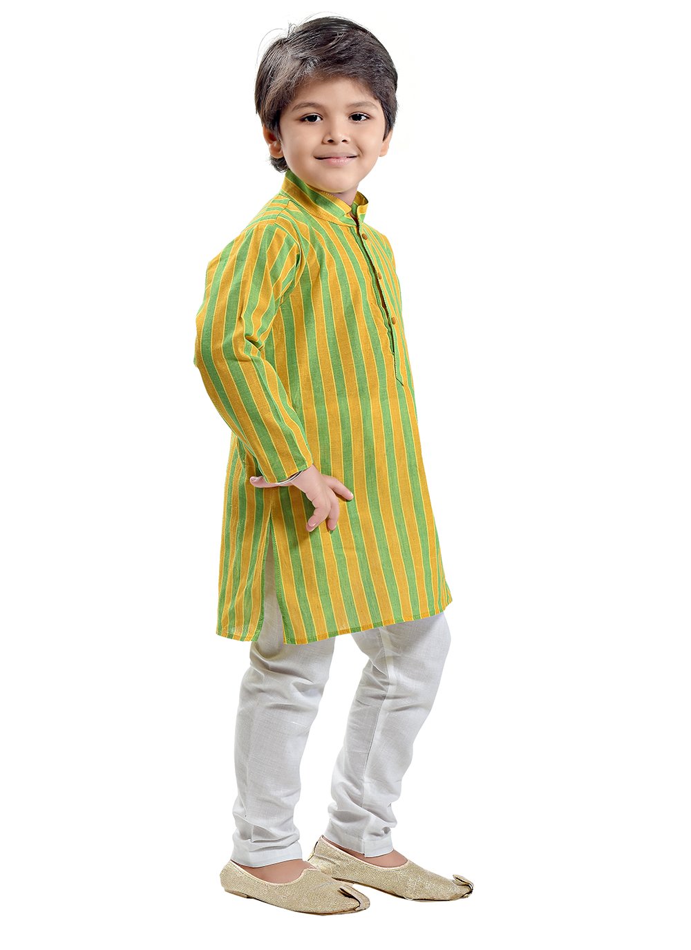 Kurta Pyjama Cotton Green Yellow Print Kids