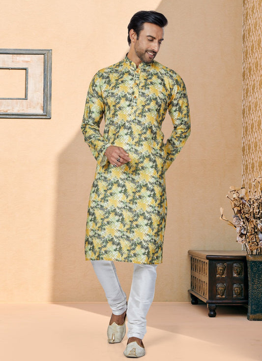 Kurta Pyjama Cotton Green Yellow Digital Print Mens