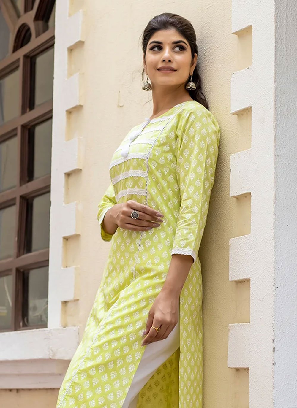 Party Wear Kurti Cotton Green Buttons Kurtis