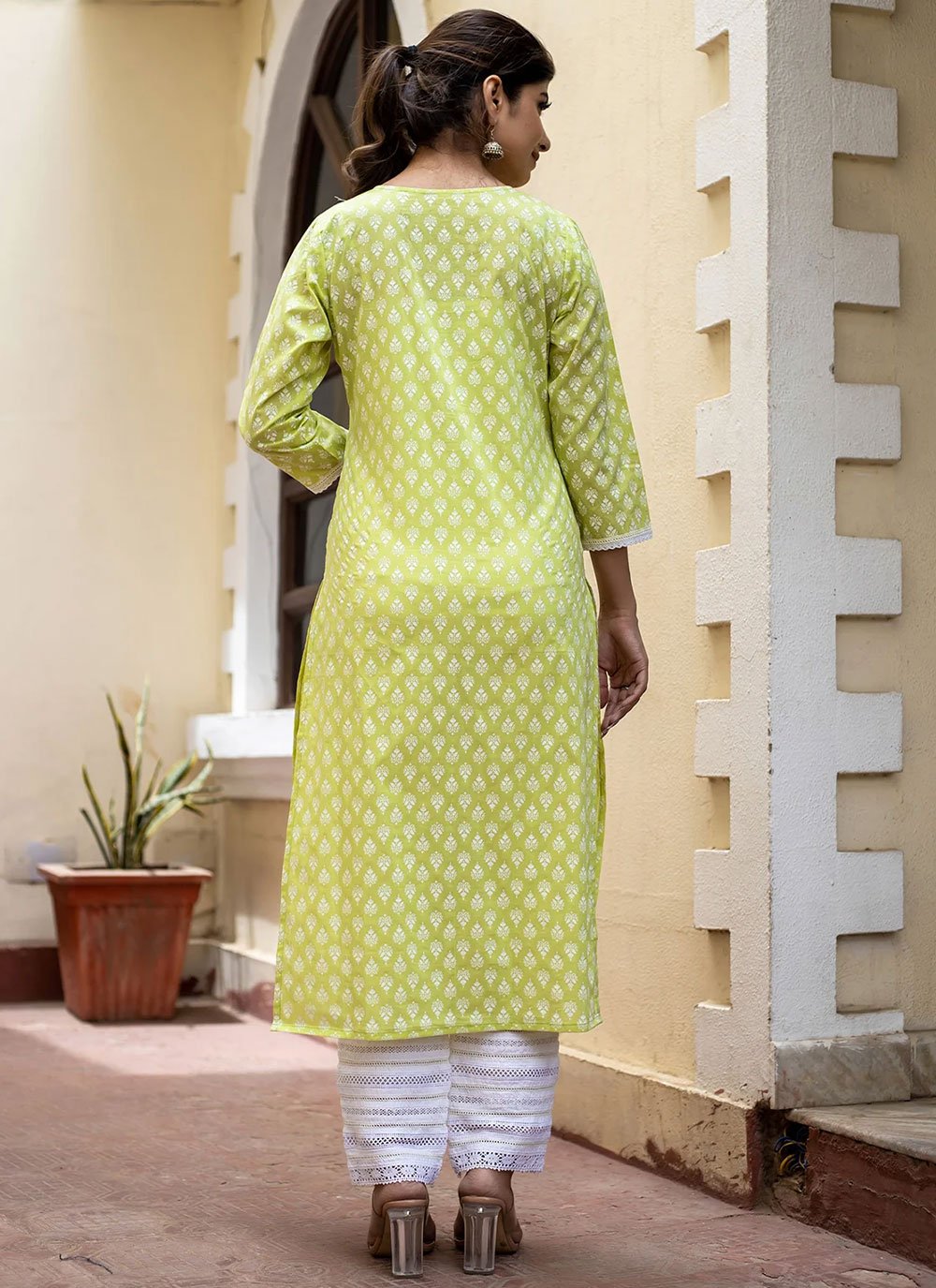 Party Wear Kurti Cotton Green Buttons Kurtis