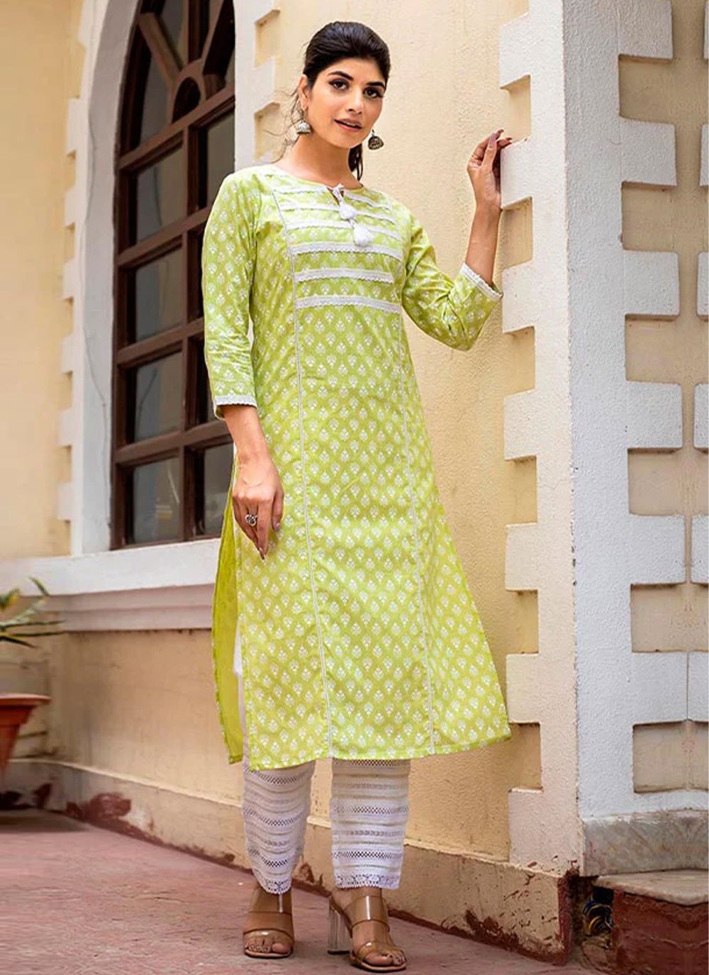 Party Wear Kurti Cotton Green Buttons Kurtis