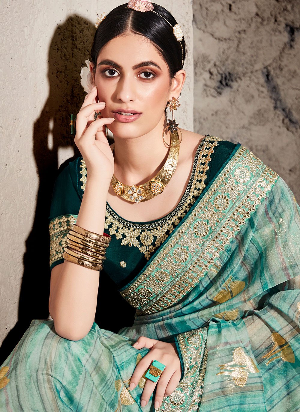 Designer Cotton Green Lace Saree