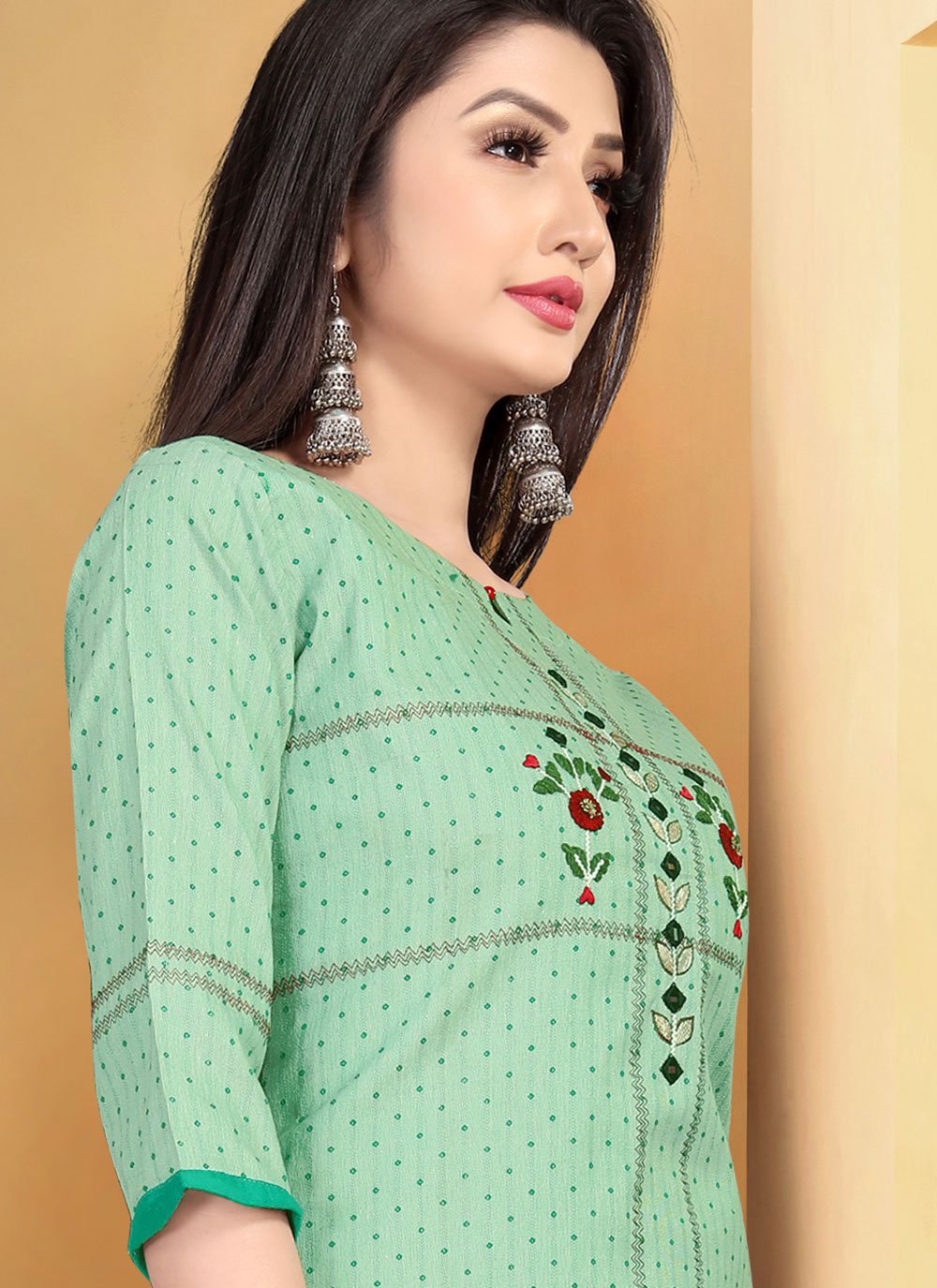 Party Wear Kurti Cotton Green Embroidered Kurtis