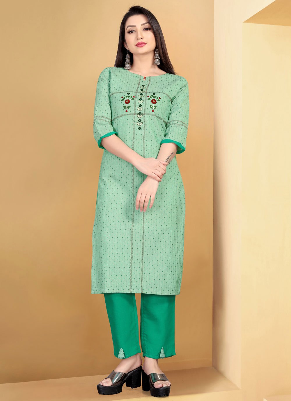 Party Wear Kurti Cotton Green Embroidered Kurtis