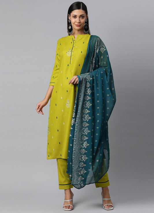 Pant Style Suit Cotton Green Foil Print Salwar Kameez