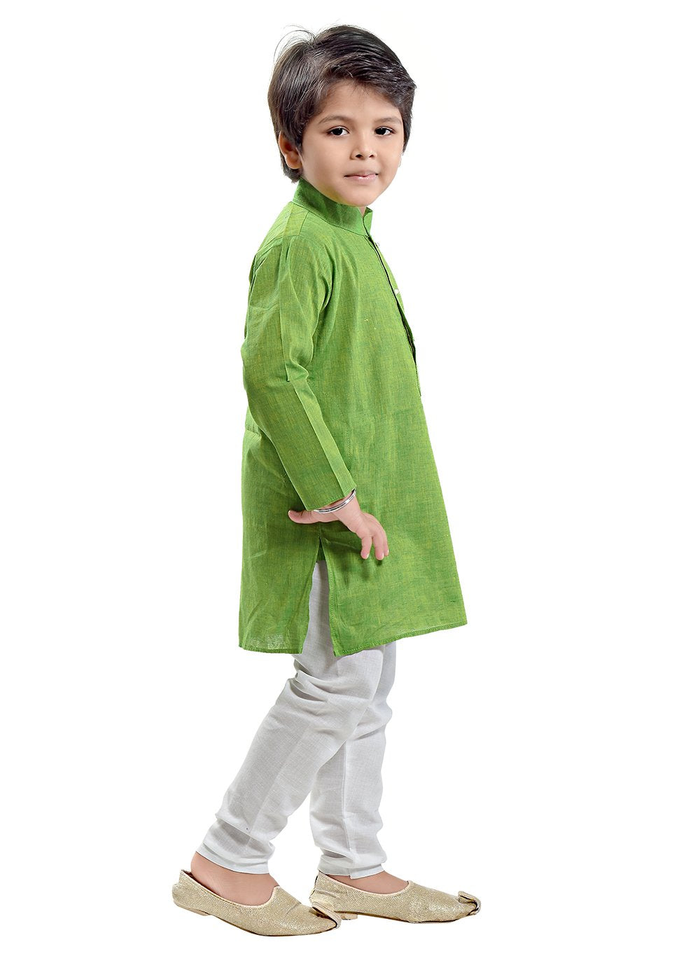 Kurta Pyjama Cotton Green Plain Kids