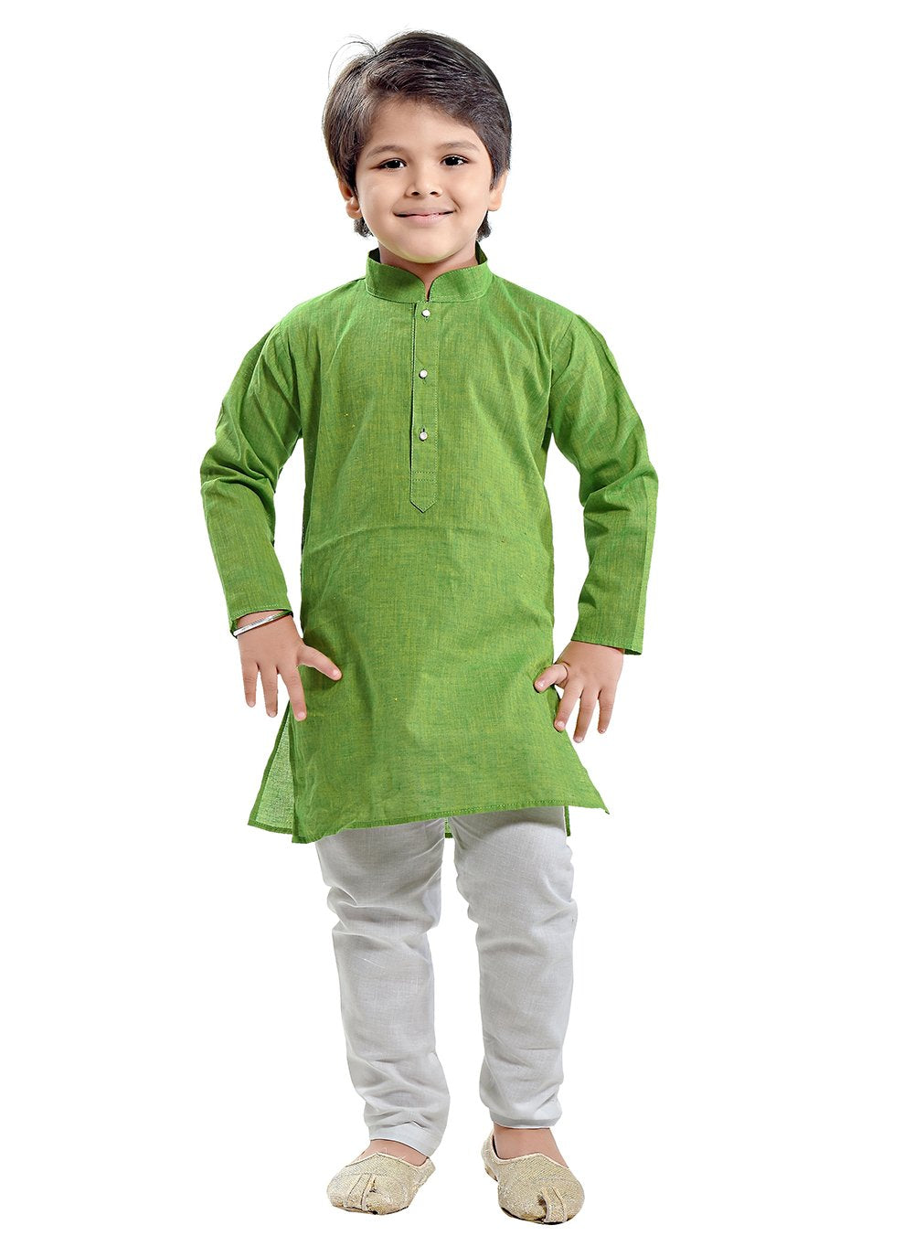 Kurta Pyjama Cotton Green Plain Kids