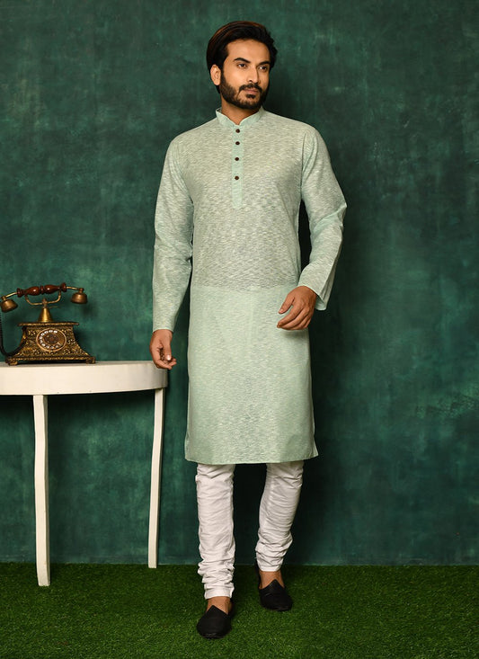 Kurta Pyjama Cotton Green Plain Mens