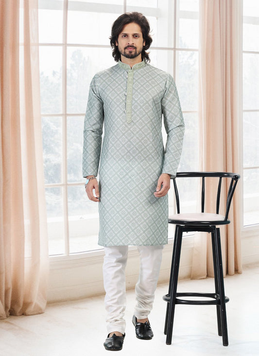 Kurta Pyjama Cotton Green Fancy Work Mens