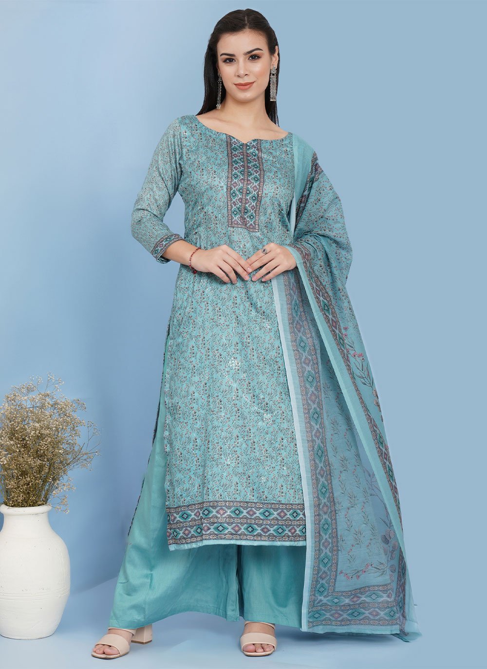 Palazzo Salwar Suit Cotton Green Digital Print Salwar Kameez