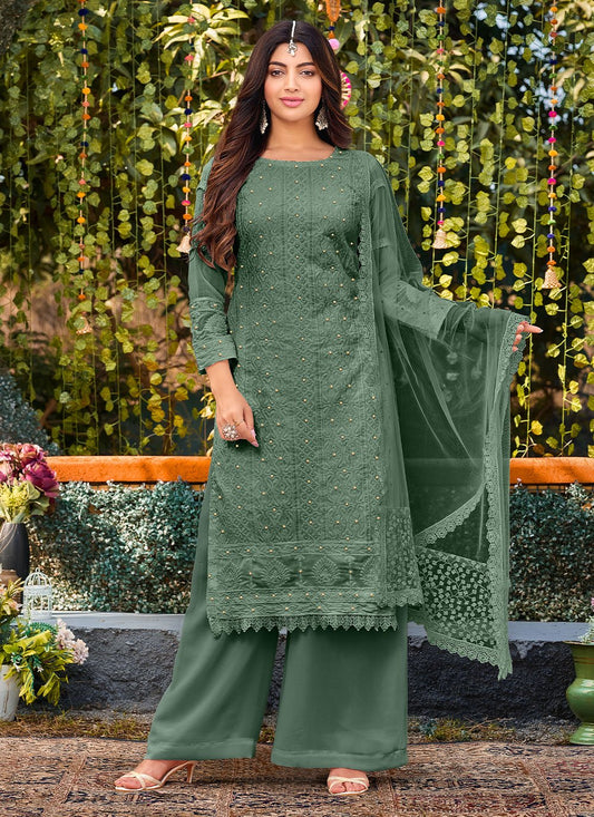 Palazzo Salwar Suit Cotton Faux Georgette Green Embroidered Salwar Kameez