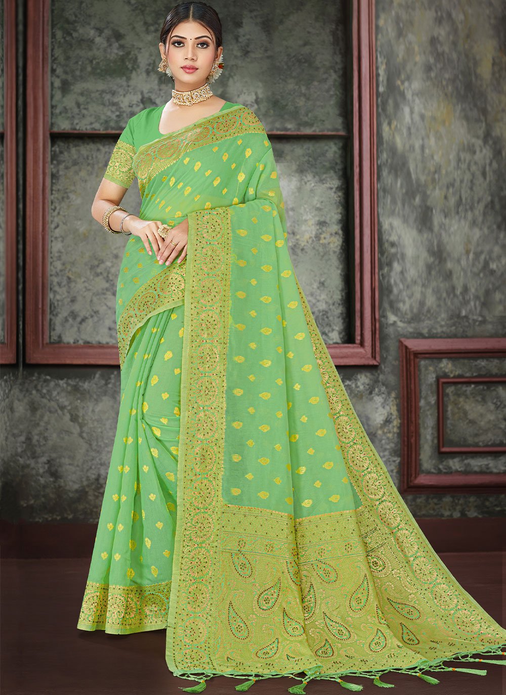 Classic Cotton Green Swarovski Saree