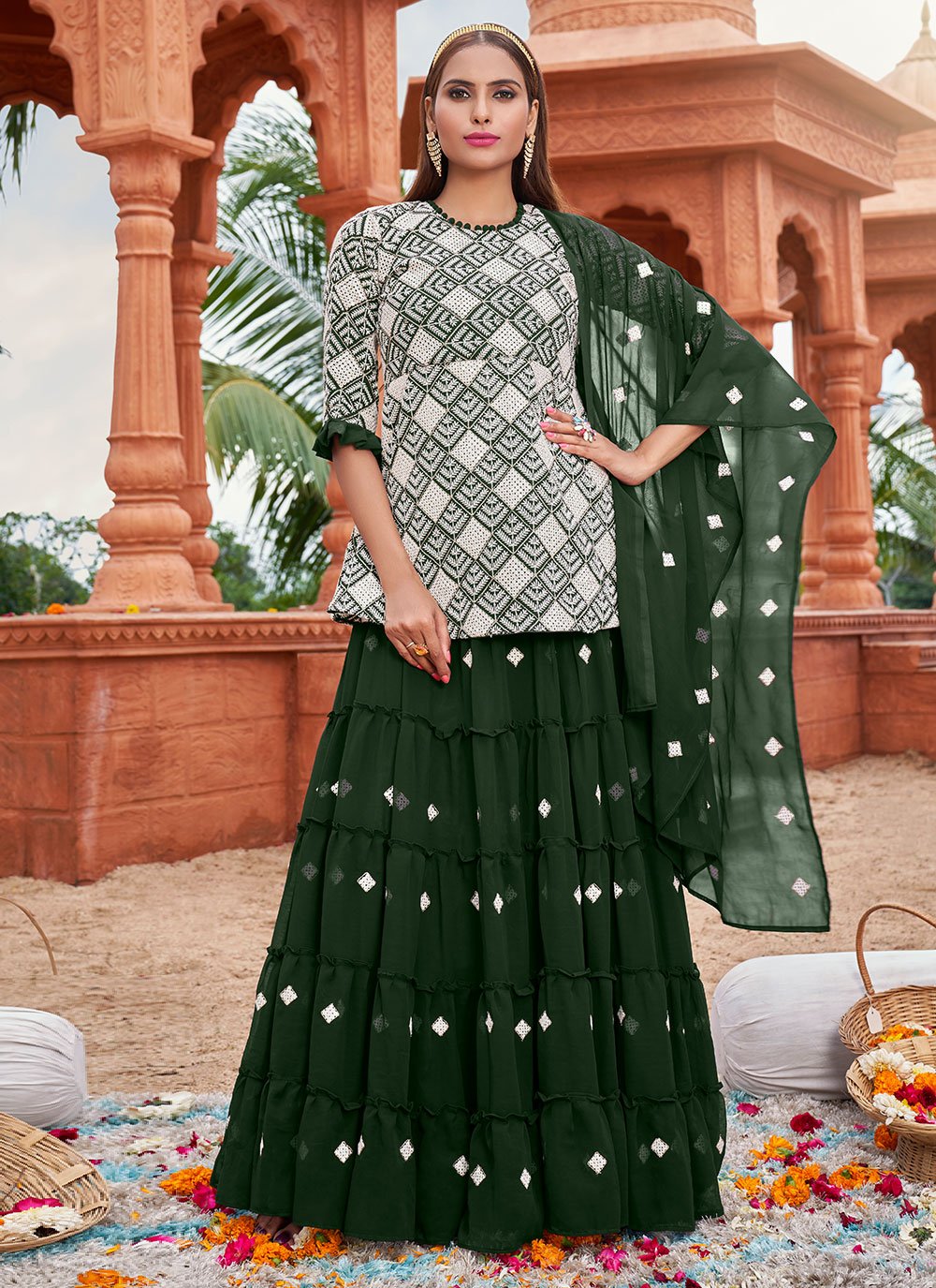 Lehenga Choli Cotton Georgette Green Booti Lehenga Choli