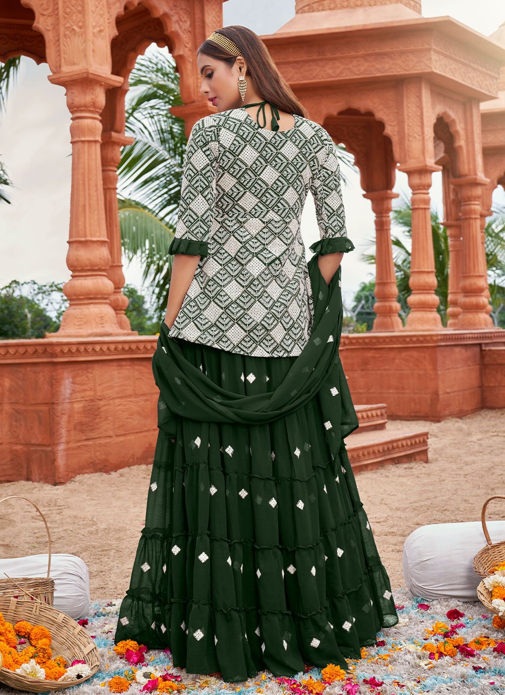 Lehenga Choli Cotton Georgette Green Booti Lehenga Choli