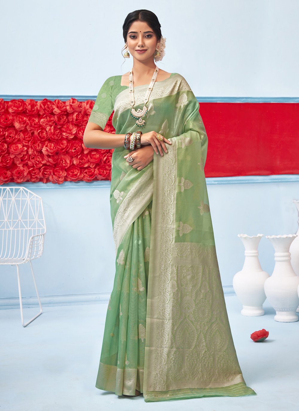 Traditional Saree Cotton Green Weaving Saree