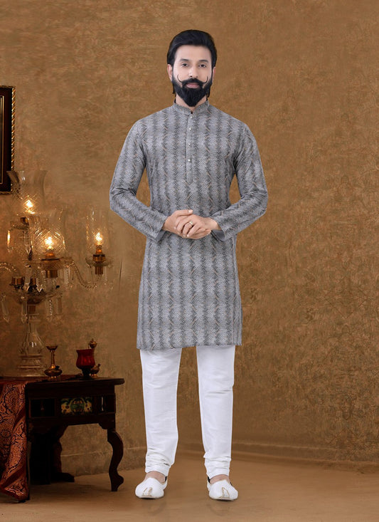 Kurta Pyjama Cotton Grey Digital Print Mens