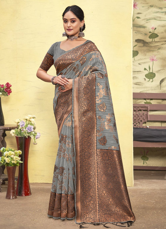 Traditional Saree Cotton Grey Zari Saree