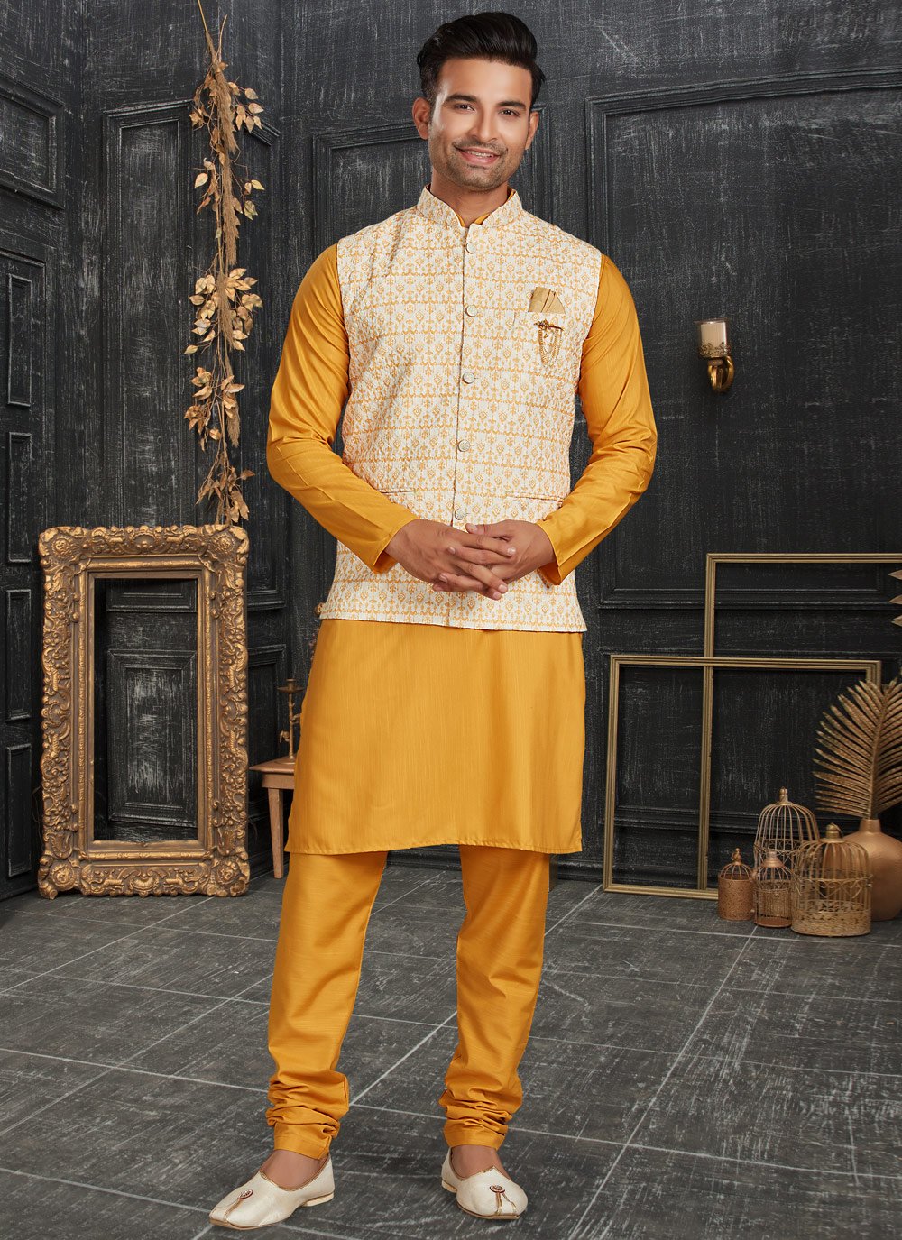 Kurta Payjama With Jacket Cotton Cream Yellow Chicken Mens